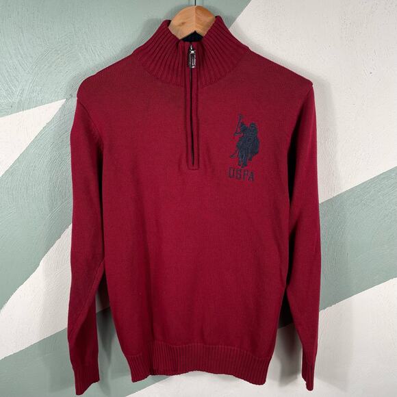 US Polo Assn Men SZ S Red 1/4 Zip Mock Neck Cotton Pullover Long Sleeves Sweater - Picture 10 of 11